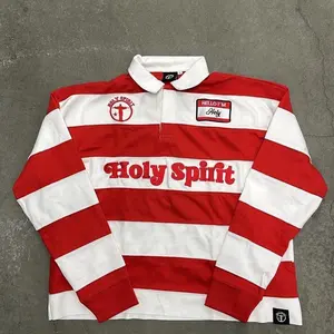 Holy Spirit Rugby Men’s Oversized Cotton Polo Shirt, Long Sleeve, American Retro Street Style