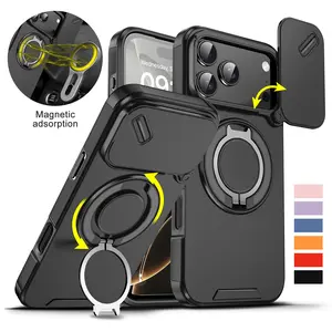 For iPhone 17 Pro Max 16 15 14 13 12 Magnetic Ring Stand Case Compatible with MagSafe Accessories, with Phone Ring Grip Holder Kickstand/Slide Camera Cover, Protective Sturdy Case