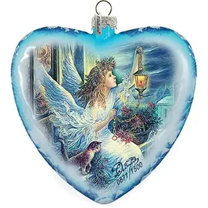 212 MAIN 5.5 in. Limited Edition Angel Theme Glass Heart Ornament - Satin, Artistic Festive Decor for Christmas Tree, Holiday Gift