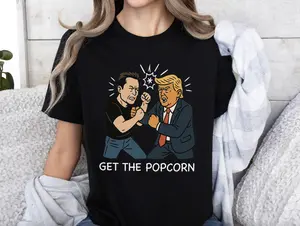 Elon Musk vs Trump Fight Shirt – Get The Popcorn Funny Political Cartoon Tee, 2024 Debate Meme Shirt, Viral Pop Culture Unisex T-Shirt, Anti Trump Shirt, Subtle FDT Shirt