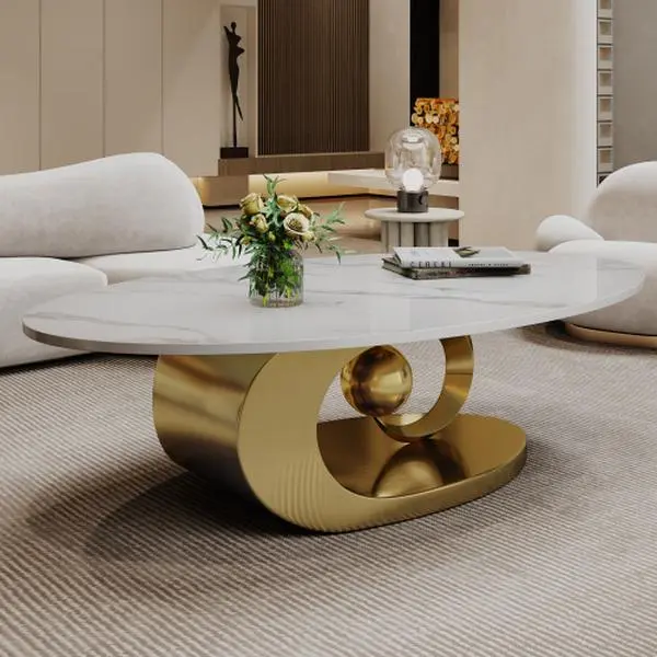 Bellemave Modern Faux Marble Coffee Table - Sintered Stone Table with Stainless Steel Base for Living Room Indoor Furniture