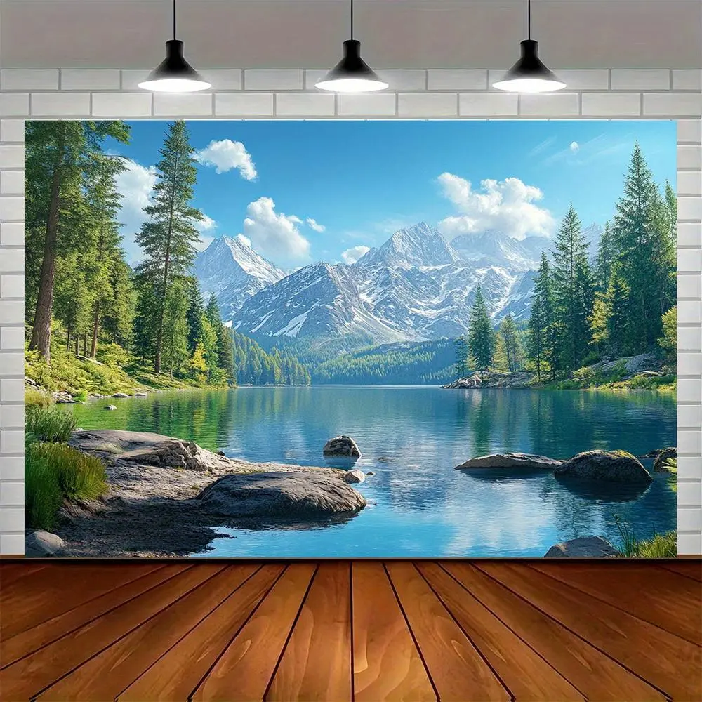 1pc Reusable 2D Flat Mountain Lake Landscape Photoshoot Backdrop Banner, Snowy Peaks-Pine Forest Design, Durable Polyester Fabric, No Electricity Needed, Party Decoration Supplies for Weddings, Happy Birthday