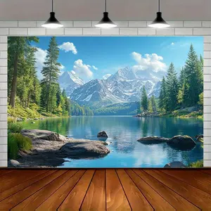1pc 2D Flat Mountain Lake Landscape Backdrop with Snowy Peaks, Pine Forest & Clear Blue Waters - Durable Polyester Fabric, No Electricity Needed for Photography, Parties, Weddings, Tailgate Event