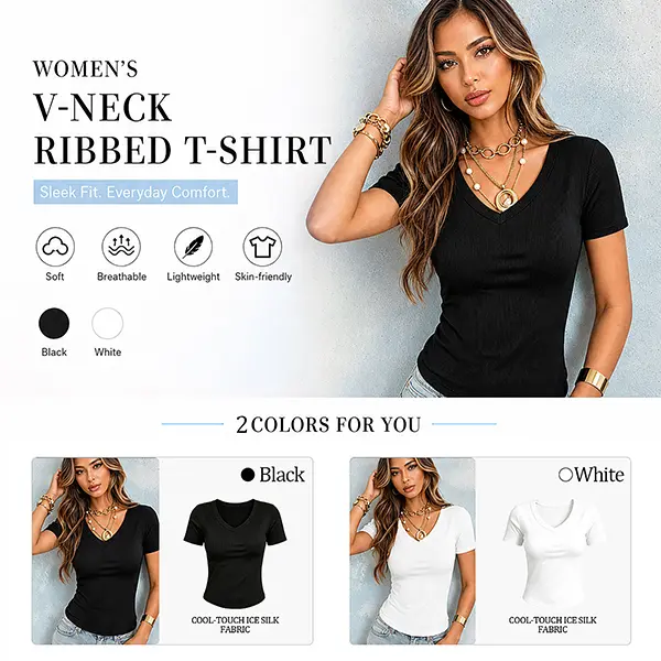 Women's Ribbed Knit V-Neck Short-Sleeve Basic T-Shirt - Fitted, Buttery Soft, Minimalist Solid Color Casual Tops for Women