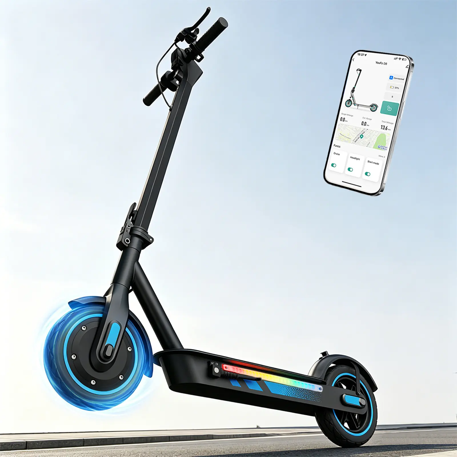 2026 V10 Pro Adult Electric Scooter, 600W Motor, 25 MPH Top Speed, 22-28 Mi Range, 10" Shock-Absorbing Tires, Smart App Control, Foldable Commuter, Neon Black, LED Lights, Drum Brake, 330 lb Limit, 6-7h Charge Time