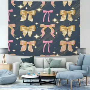 Cute Glitter Pink Gold Bow Tapestry, Coquette Aesthetic Wall Hanging, Starry Bow Tapestries, Aesthetic Wall Blanket, Dreamy Backdrop Decor for Girls, Bedroom & Dorm Decor