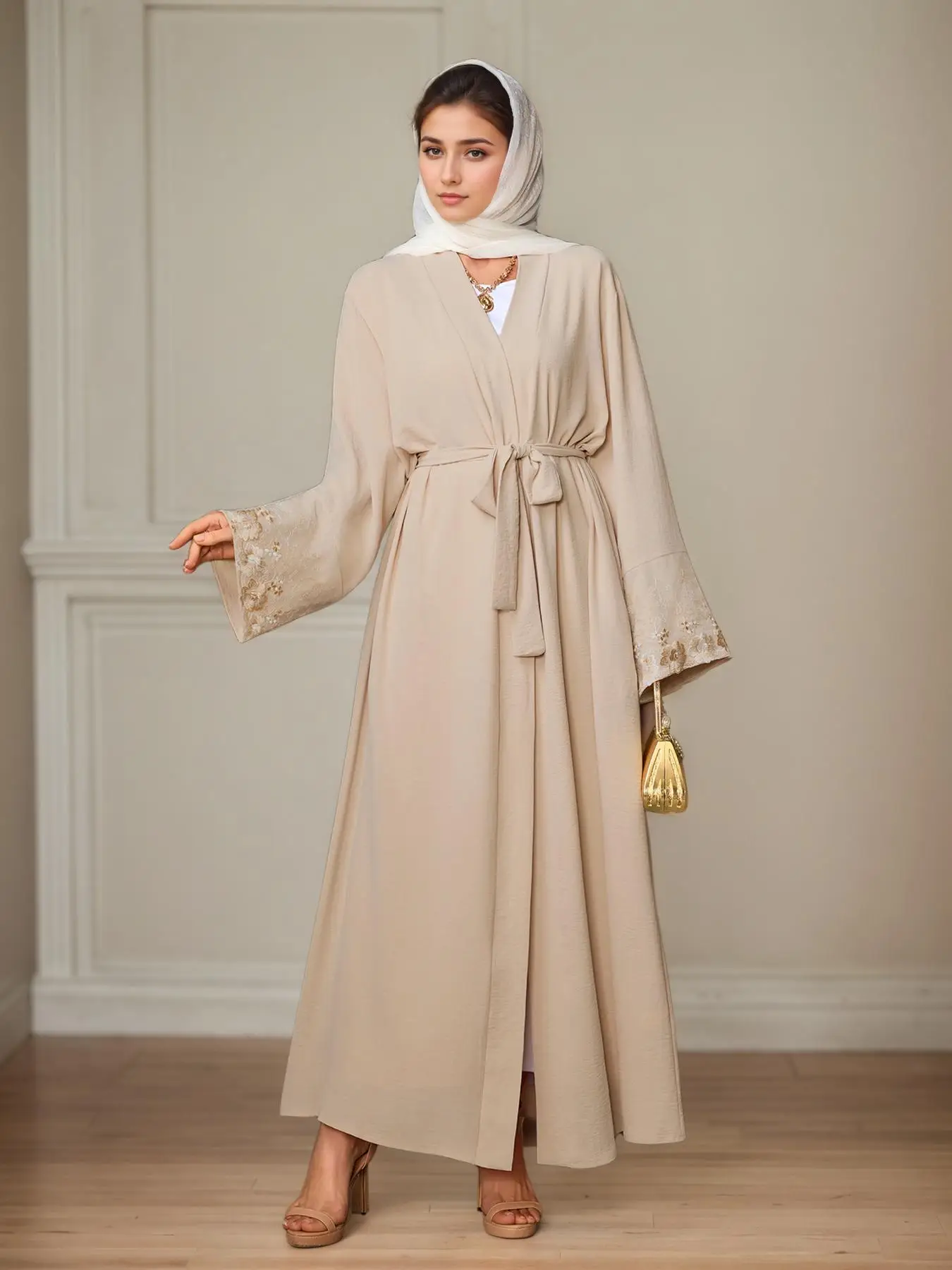 Women's Floral Embroidery Long Sleeve Abaya without Hijab, Modest Belted Open Front Abaya for Daily Wear, Women's Islamic Clothing for All Seasons