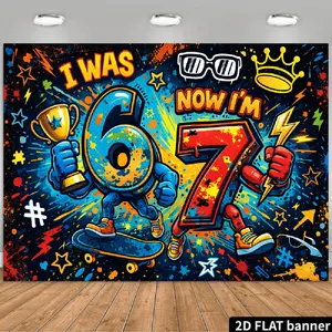 2D Flat Banner Polyester Photography Backdrop, HD Printed Soft Lightweight Foldable Background Cloth, Colorful Graffiti Style Birthday Theme with "I WAS 6 NOW I'M 7" text, numbers 6 and 7, skateboard, trophy, and lightning bolt, f
