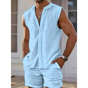 Summer Fashion Men's Casual Stand Collar Sleeveless Shirt Shorts Beach Set Sport Two-Piece Suit