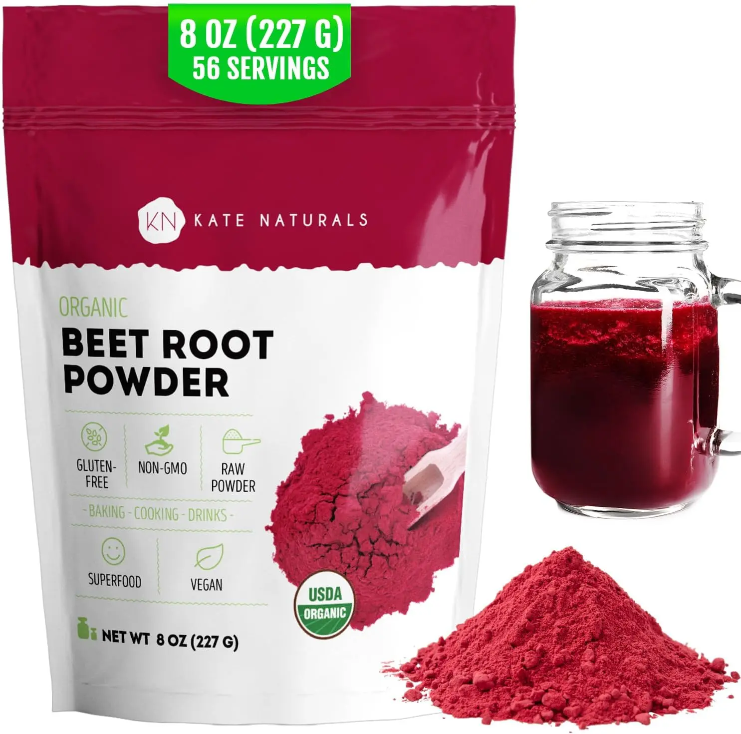 Kate Naturals Organic Beet Root Powder for Smoothies, Baking & Juice, 8oz | Non-GMO, Raw Beetroot Superfood Extract & Natural Red Food Coloring & Nitric Oxide, Earthy Flavor
