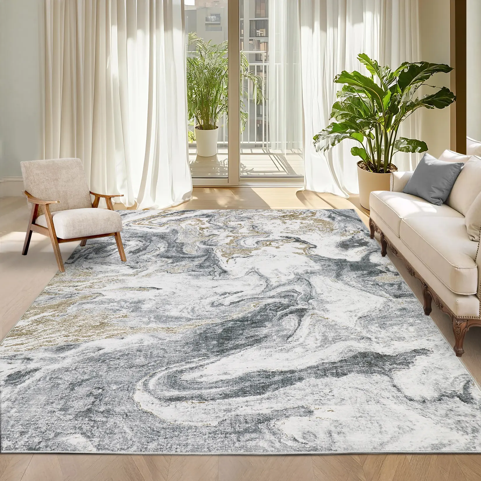 Modern Abstract Area Rug, Ultra-Thin Foldable Washable Soft Non-Slip Non-Shedding Indoor Decorative Carpet for Bedroom, Living Room, Dining Room & Apartment