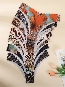 Women's Leopard & Plant Print Thong Panties, Comfortable Seamless Fit Design, V-Shape Waistband, Wave Trim Cutout, Casual All Season Wear