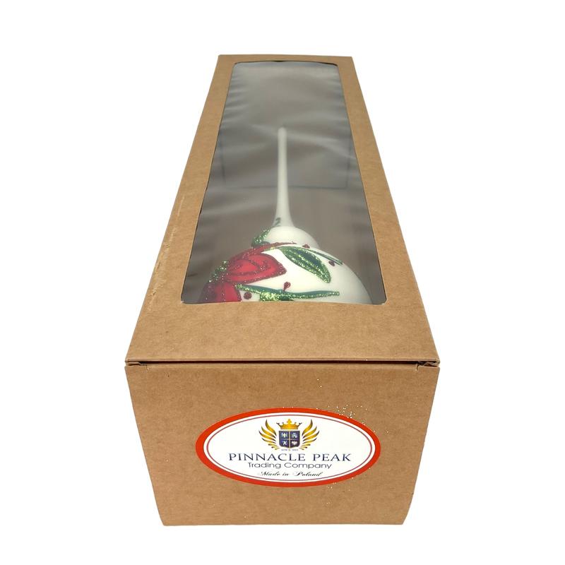 Pinnacle Peak Trading Poinsettia Design White Polish Glass Finial Christmas Tree Topper 14.5 inch