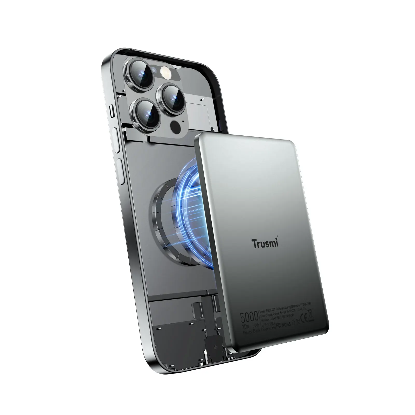 [ Trusmi ] PB01 5000mAh Magnetic Wireless Power Bank, 15W Fast Charging, Dual Device Charger, Portable for iPhone & Android
