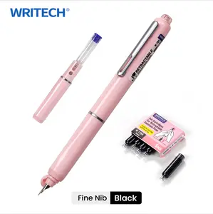 WRITECH Fountain Pen Black Ink with Retractable Fine Nib - Set of 5 Ink Cartridges for Smooth Calligraphy, Journaling and Sketching - Pink Gift