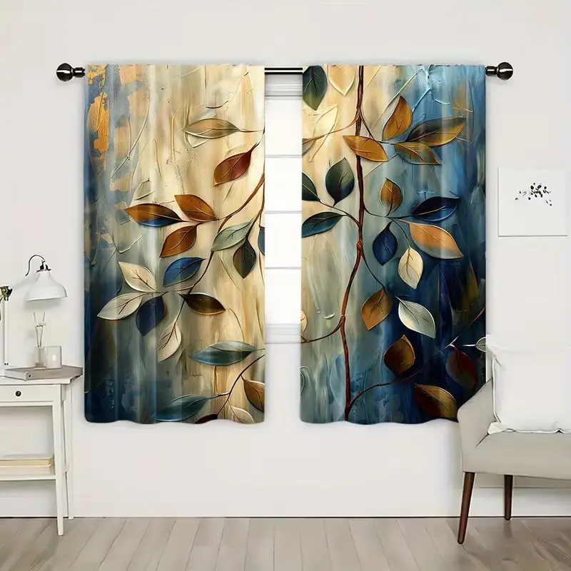 2pcs HD Digital Print Curtains, Window Curtain, Natural Tree Shadow Abstract Art, Polyester Material, Semi-Transparent, Hand Washable, Home Decor, Home Decoration Curtain