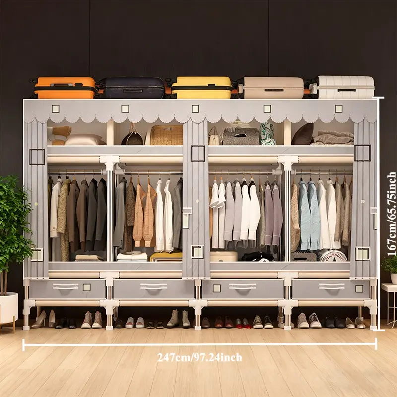 Large Capacity Fabric Closet with 4 Drawers - 16mm Metal Frame, 4 Hanging Sections + 4 Storage Compartments, Dustproof Design (97.2x17.7x65.7in) clothing storage Closet Organizer apartment living room furniture dressers for bedroom furniture set