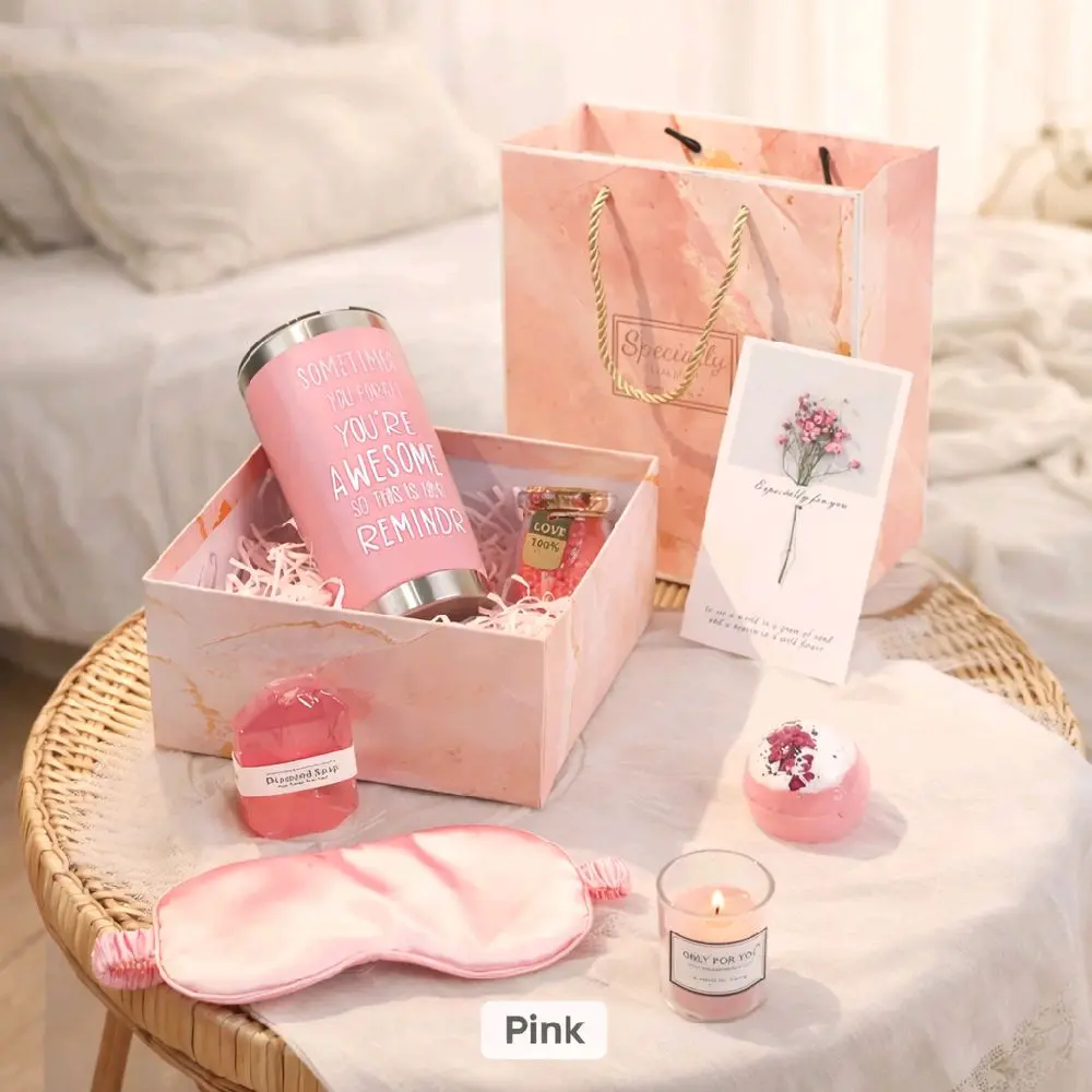 Spa Set - Pink, Includes Tumbler, Eye Mask, Candle, Bath Salts, Soap, Card and Gift Bag, Perfect for Relaxation and Self-Care