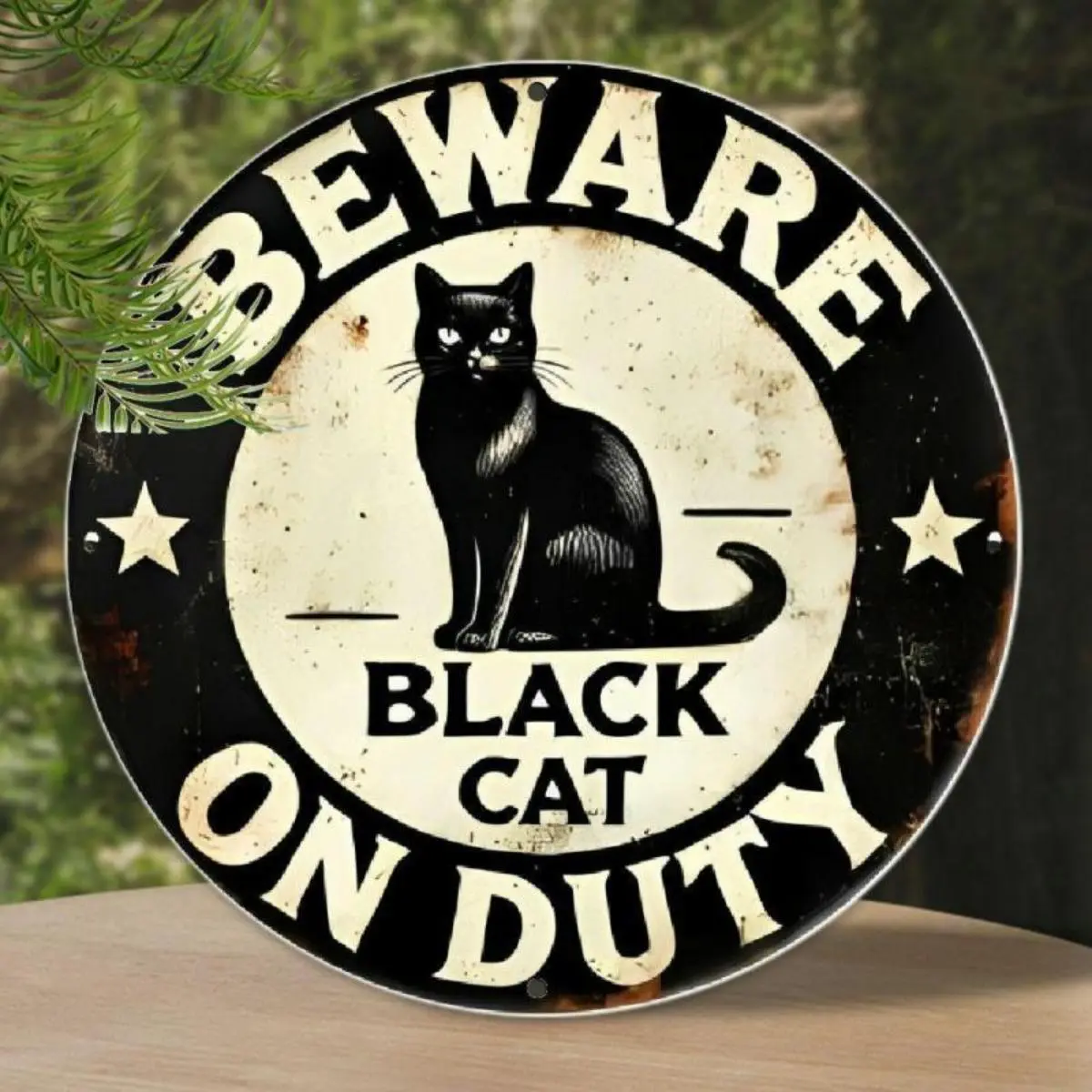 A vintage "Black Cat on Duty, Proceed with Caution" wall art decor - 20cm/8 "aluminium signage Vintage Metal Sign Wall Art Plaque Vintage Plaque Decoration