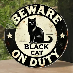 A vintage "Black Cat on Duty, Proceed with Caution" wall art decor - 20cm*20CM"aluminium signage