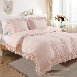 Ruffled Duvet Cover Set King Size, Soft Washed Microfiber Duvet Cover Set Home Bedding Duvet Covers with Button Closure, 3 Pieces (1 Duvet Cover, 2 Pillowcases), Pink