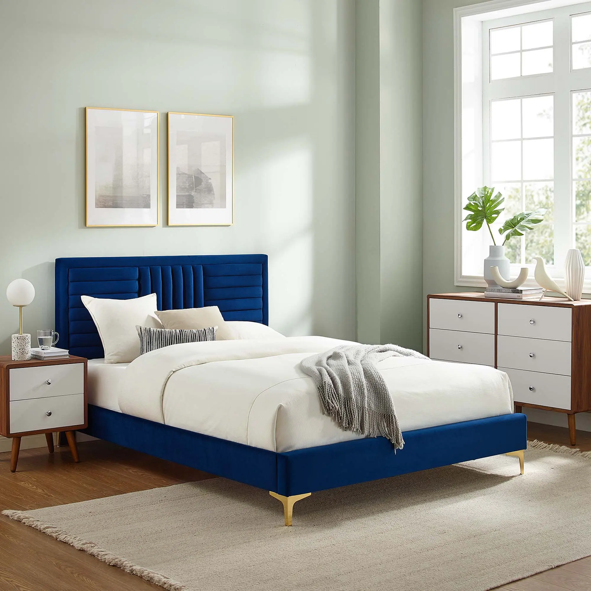 Modway Sofia Channel Tufted Performance Velvet Queen Platform Bed in Navy, Tufted Beds, Queen Size Bed