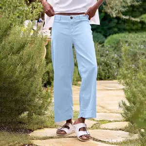 Women'sWide-LegCroppedPantsElasticHigh-WaistLinenSeven-QuarterPantsFormalCasualWorkPants(WithPockets)