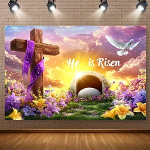 1pc 2D Flat "He Is Risen" Easter Cross Backdrop, Polyester Material Resurrection Scene for Easter Celebration Party Decor
