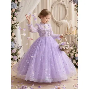 A Dreamy Purple Princess Dress for Girls, Featuring a Tulle Design with Sequins, Long Sleeves, a High Waist, And a Large Skirt Suitable for Performances, Birthday Parties, And Various Other Occasions