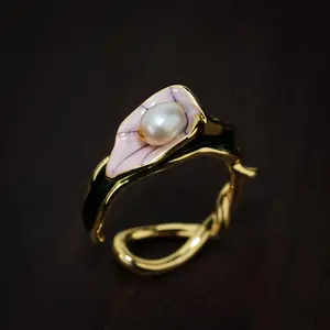 Natural Freshwater Pearl Ring Women Adjustable Open Design Vintage Enamel Floral Multicolor Index Ring New Chinese Style Mother'S Day Valentine'S Day Gift