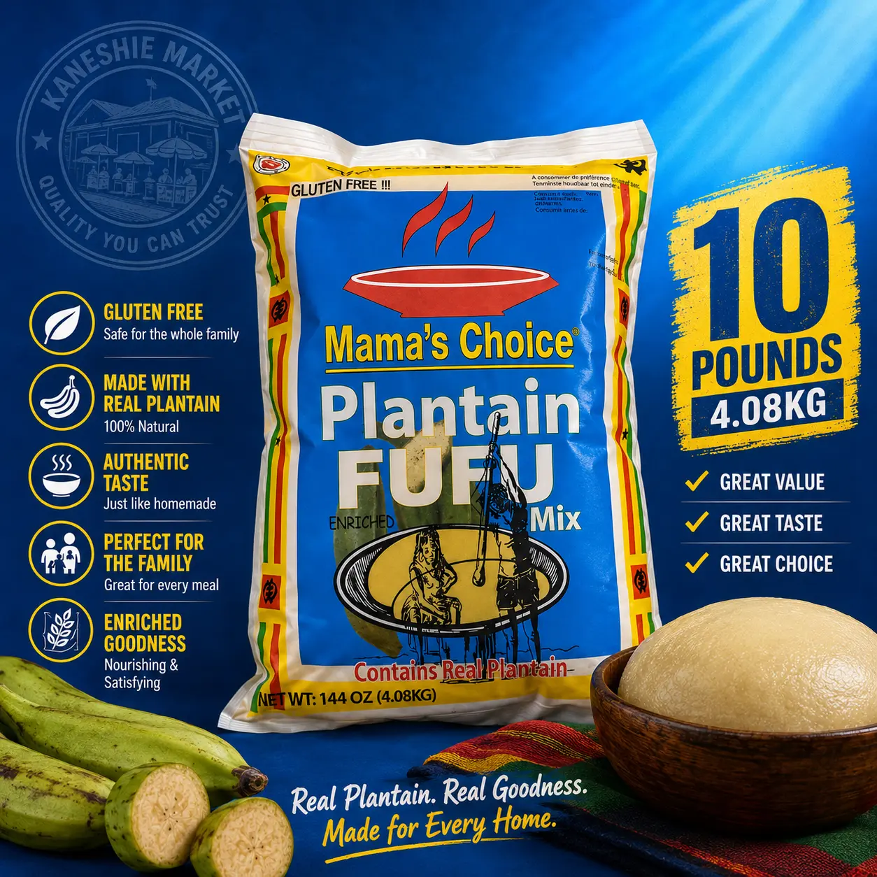 Mama’s Choice Plantain Fufu Flour, 10 lb Big Bag (Cooking Essential Staple Flour)