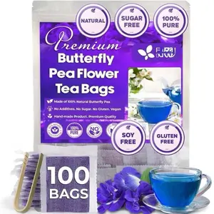 Premium 100 Blue Butterfly Pea Flowers Tea Bags, 100% Natural and Pure from Butterfly Pea Flowers, Made With Natural Material Tea Bag, No Sugar, No Caffeine, No Gluten, Vegan