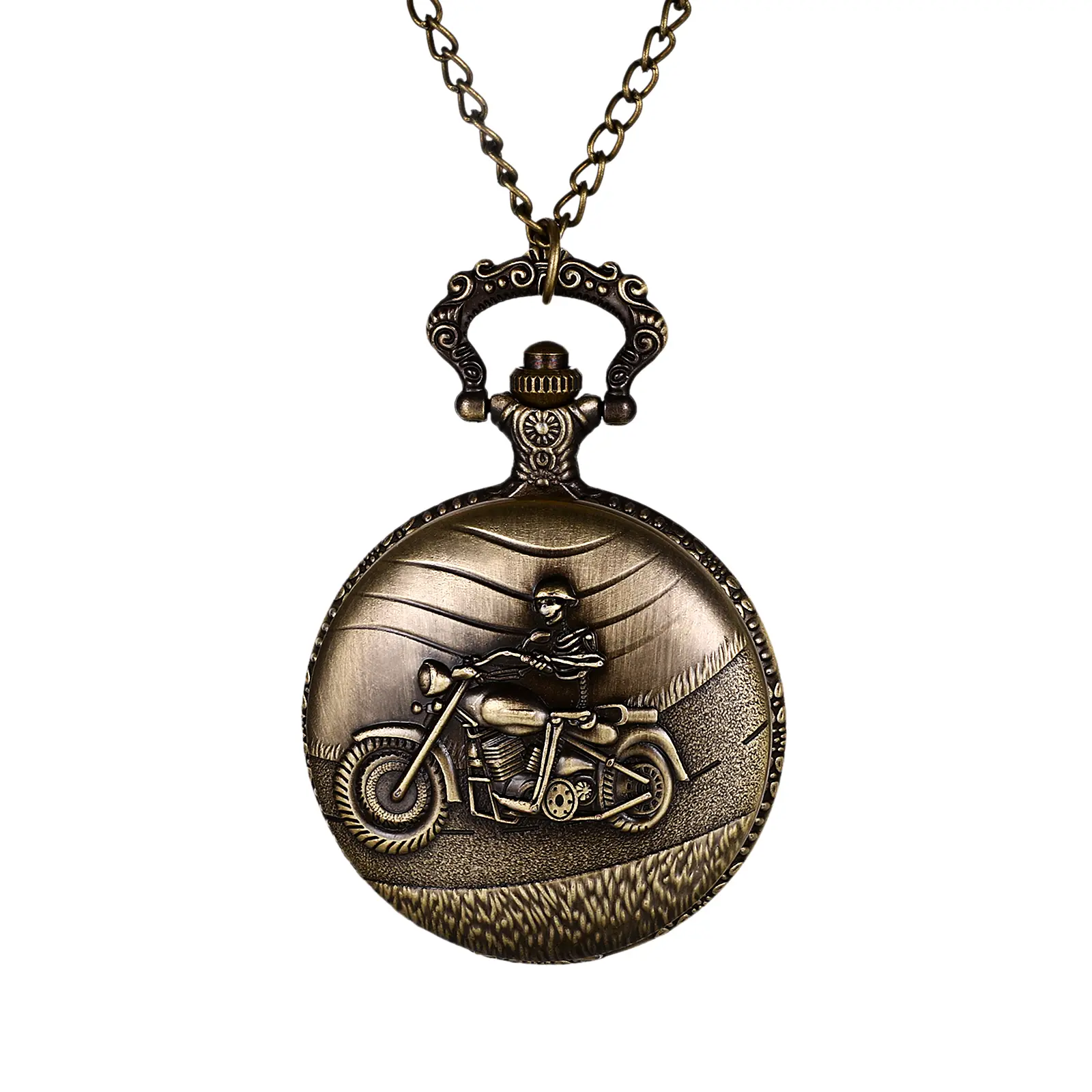 OIDEA Vintage Pocket Watch - Skull & Motorcycle Relief Design Quartz Fob Watch with Long Necklace Chain, Unisex Fashion Accessory, Vintage Pocket Watches