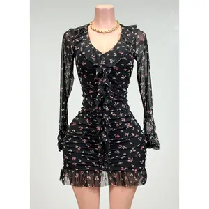 ISAMAR BLACK LONG SLEEVE FLORAL MINI DRESS