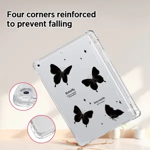 Black Butterfly & Letter Pattern Clear Tablet Case with Built-in Pencil Holder, Soft TPU, for iPad Air 4/5/6, iPad Pro 11 2024, iPad Mini 4/5/6/7, iPad 10th Gen, iPad 9/8/7 Series. Shockproof, Portable, One-Side Protection, Easy to Carry Outdoor.