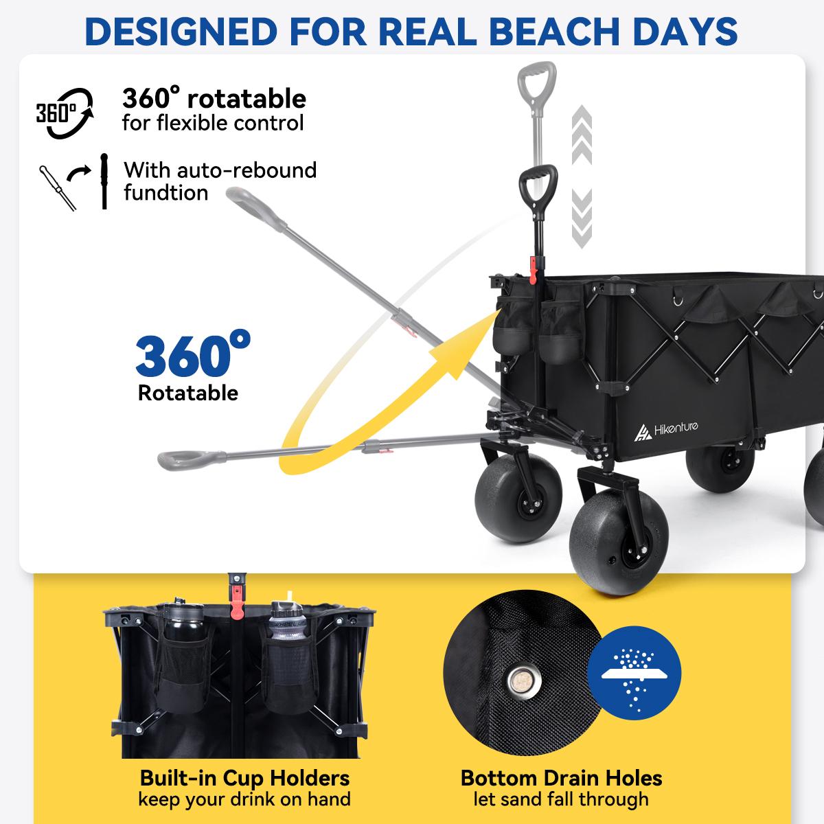 Hikenture Beach Wagon with Balloon Wheels, 9" PU Tires Collapsible Wagon, 440lbs Heavy Duty Beach Cart with Big Wheels for Sand, Large Capacity Utility Wagons Carts Foldable