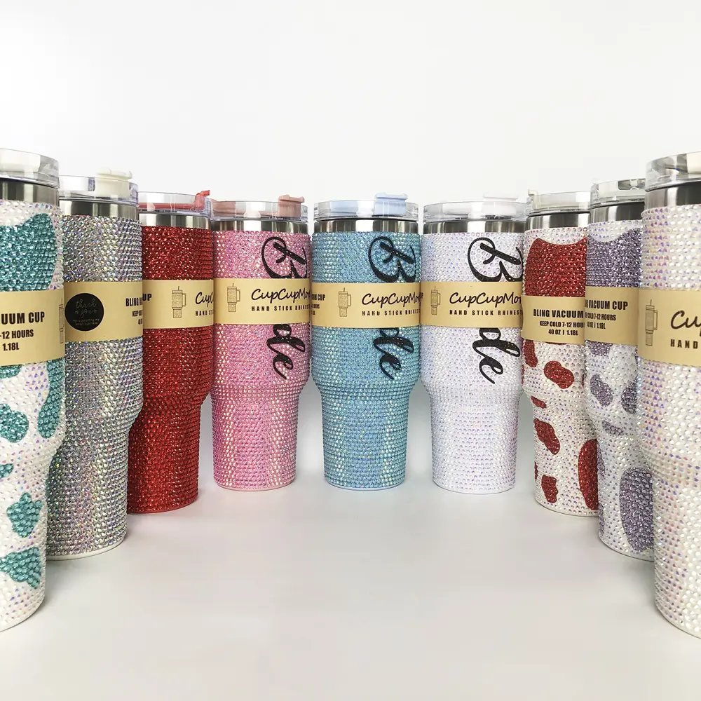 Cupcupmore 40 oz Portable Bling Rhinestone Vacuum Flask - Double-Wall Stainless Steel Insulated Tumbler with Handle, Leak-Proof Lid, Straw, Glitter Design for Women - Keeps Cold 12H, Hot 6H Kitchen Drinkware Travel Mug