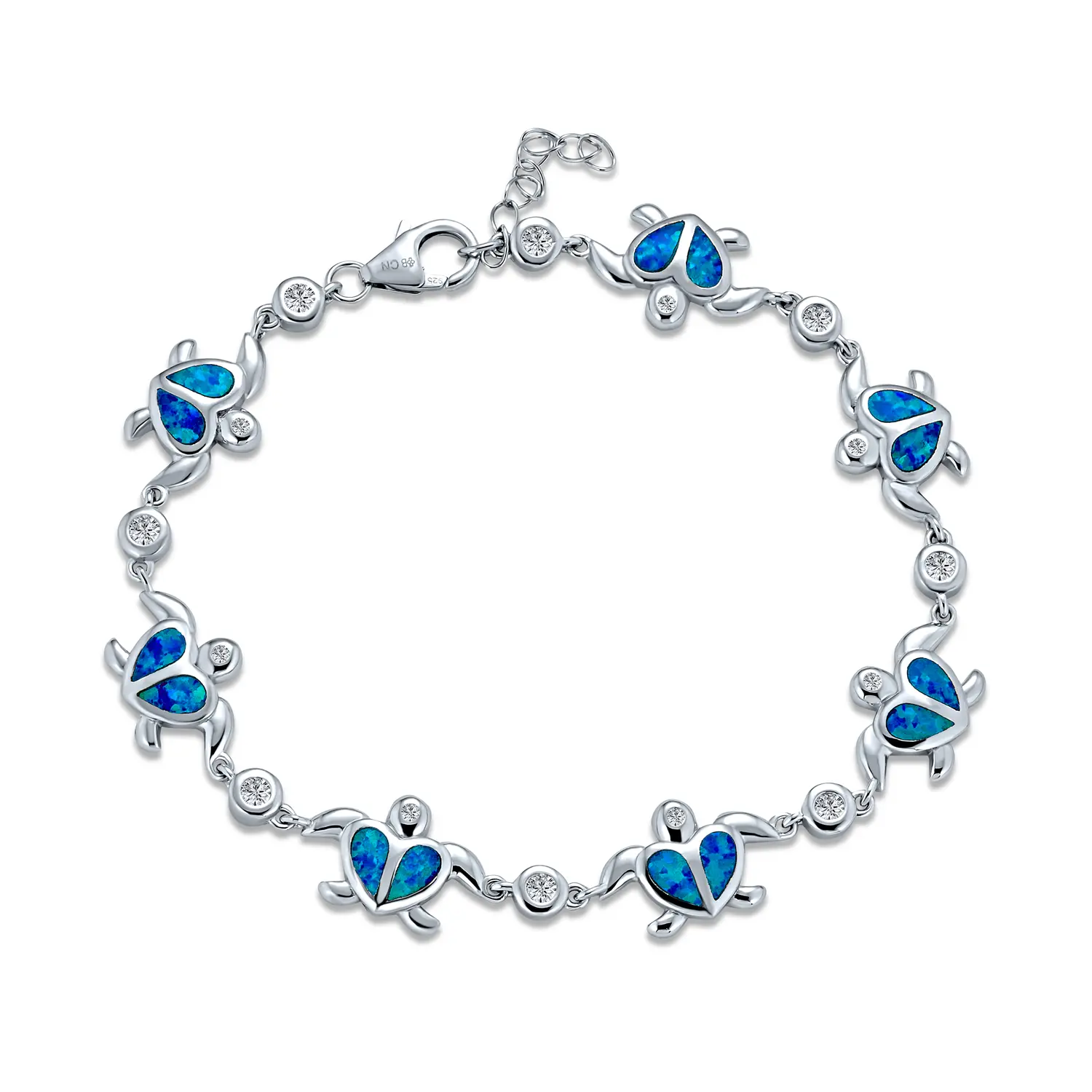 Nautical Created Opal Sea Turtle Heart Charm Bracelet .925 Sterling Silver