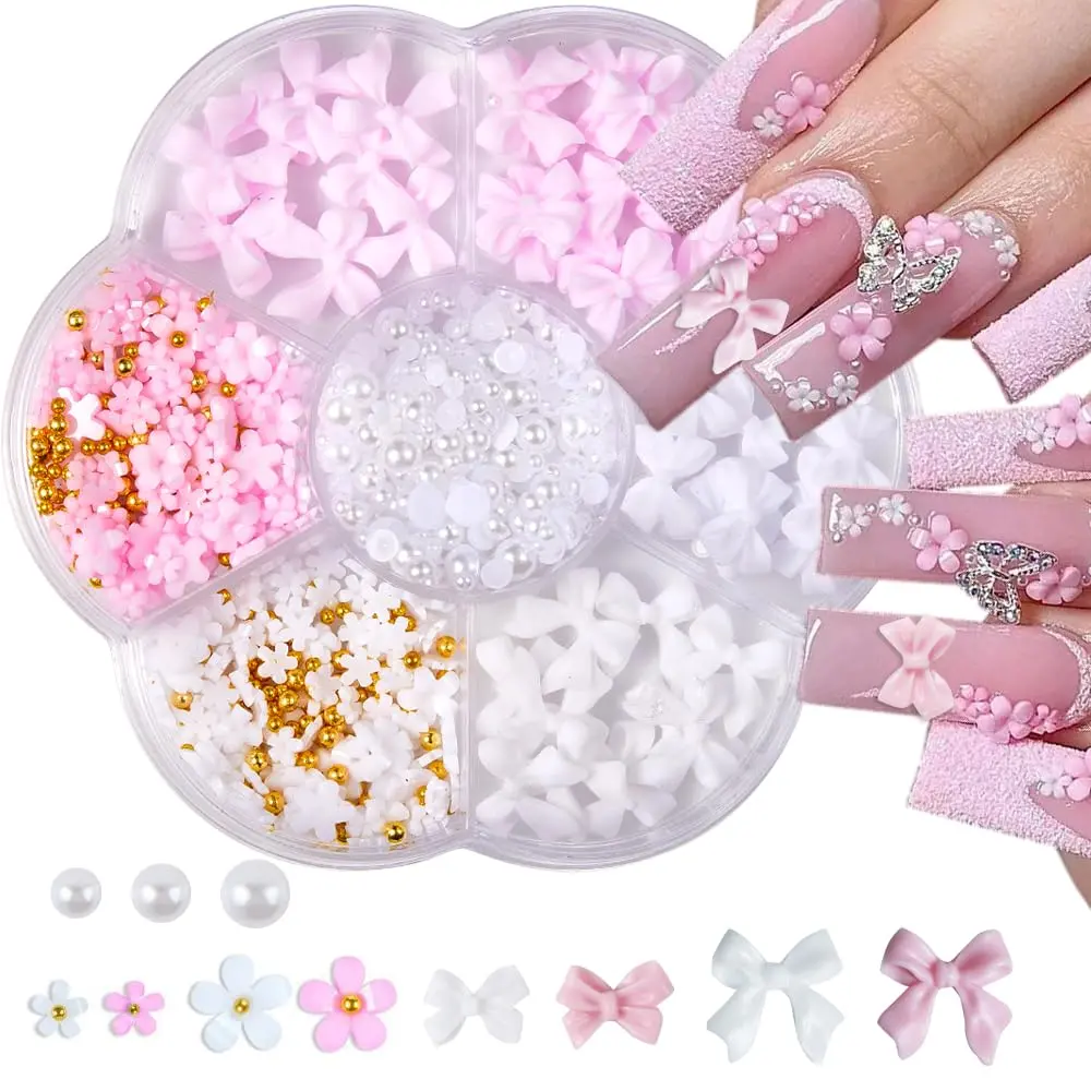 Cute 3D Nail Charms Set – Pink & White Acrylic Flowers, Bow Gems with Half Pearls for Kawaii DIY Nail Art Designs