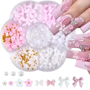 Cute 3D Nail Charms Set – Pink & White Acrylic Flowers, Bow Gems with Half Pearls for Kawaii DIY Nail Art Designs