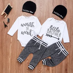 Newborn Baby Boy Clothes Little Brother The Crew Letter Print Romper+ Pants+Hat 3PCS Outfit