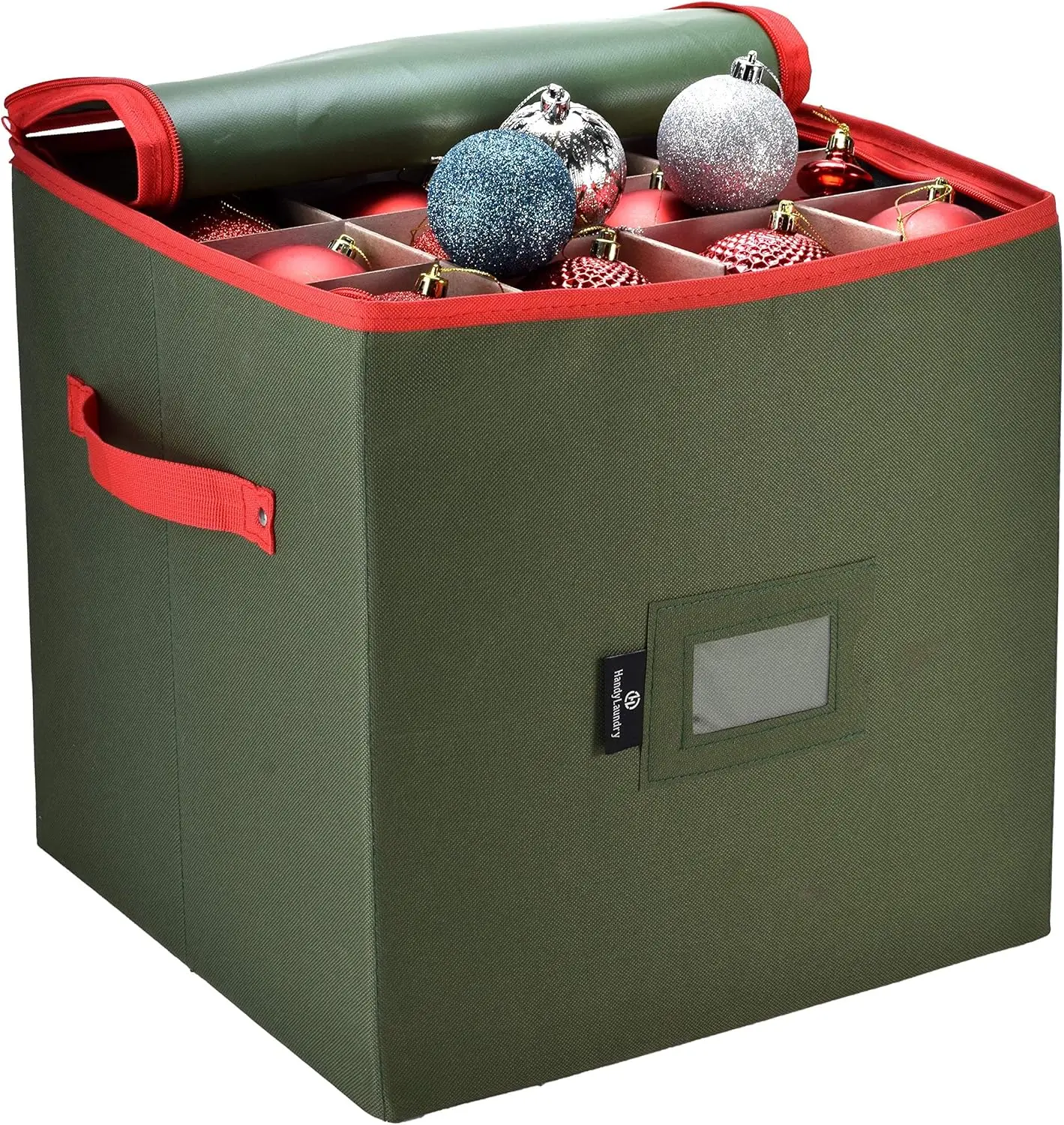 Christmas Ornament Storage Box - 64-Count, Adjustable Dividers, Zippered Top, Dual Handles, Space-Efficient, Green, Keeps Decorations Clean & Dry