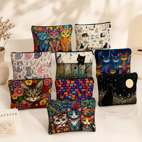 Cat Print Makeup Bag – Nylon Cosmetic Pouch with Zipper, Cute Kitten Travel Organizer, Gift for Cat Lovers (13 Designs)