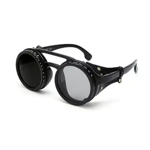 OUANGANC Adjustable Tint Sunglasses,Polarized Retro Round Steampunk 1-9 Gears ND Filter Lenses Sunglasses with leather side shields , All Season Hiking Cycling Fishing Driving Skiing
