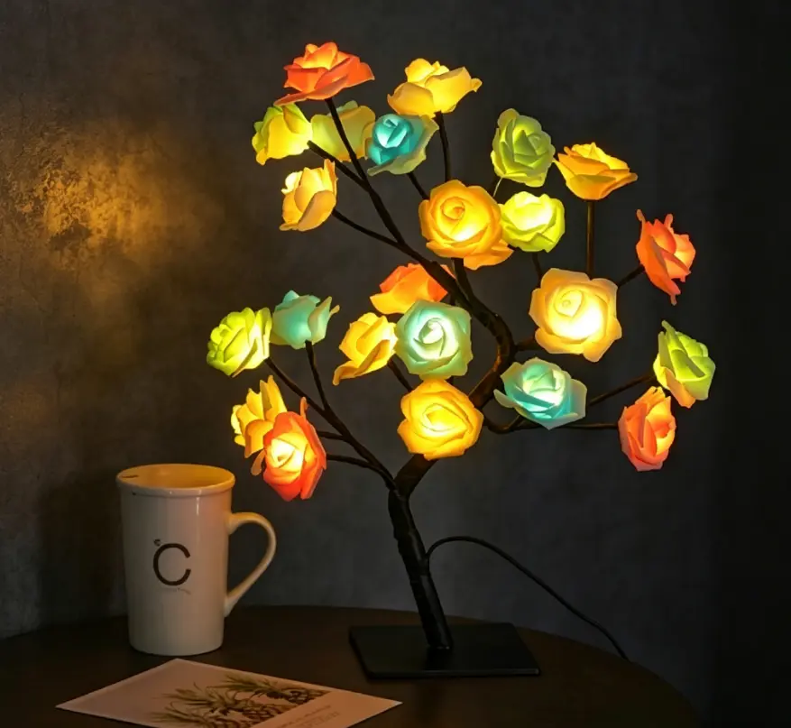 Charming LED Flower Tree Night Light - Tree Form Rose & Cherry Blossom Table Lamp with LED Illumination, Home Decor, Festive Gifting, Indoor Ambient Lighting (Valentine’s Day, Christmas Party Use)