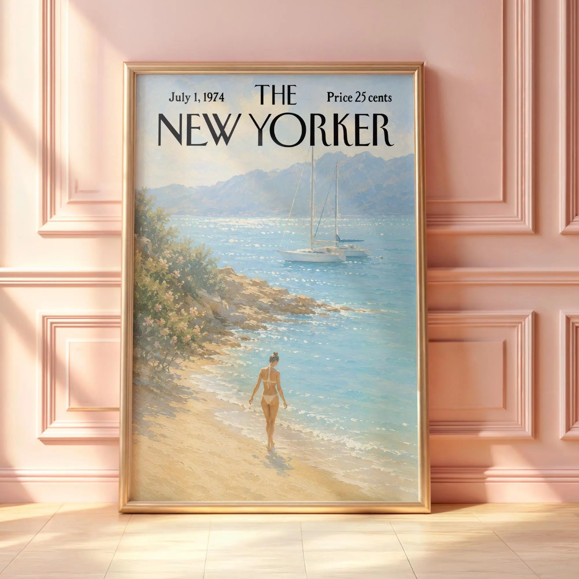 Vintage New Yorker Coastal Poster, Mediterranean Beach Wall Art, Summer Ocean Print, Sailboat Seascape Decor, Magazine Cover