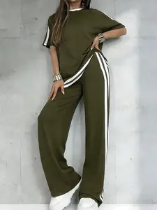 Women's Casual Sportswear Set, Pure Color Round Neck Short Sleeve T-Shirt, Split Hem Top, Striped Long Pants, Spring Summer Two-Piece