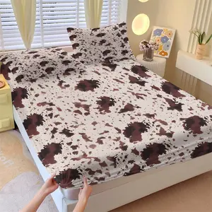 Brown White Cow Print Fitted Sheet Set, 1 Fitted Sheet + 2 Pillowcases, Western Cowhide Pattern Bedding, Soft, Comfortable & Breathable Microfiber, All Season Use, Deep Pocket, Non-Slip, Wrinkle & Fade Resistant