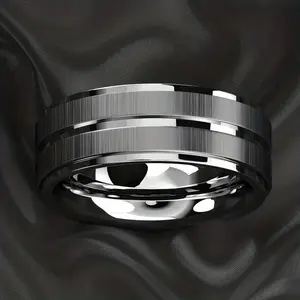 Stainless steel grooved beveled ring--men's jewelry in a simple and stylish design