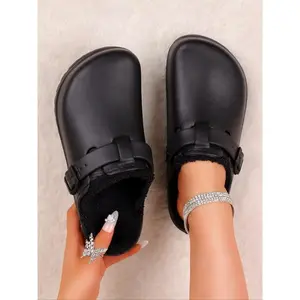 Women's Comfortable Solid Color Fluffy Wooden Sole Shoes, Soft Thick Cushioning, Adjustable Buckle Strap, Lightweight Eva Material